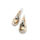 Bronze drop earrings with sterling silver and 14k gold filled wire with fresh water champagne pearl coins, iolite, and crystal gemstones