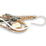 Bronze drop earrings with sterling silver and 14k gold filled wire with fresh water champagne pearl coins, iolite, and crystal gemstones