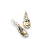 Bronze drop earrings with sterling silver and 14k gold filled wire with fresh water champagne pearl coins, iolite, and crystal gemstones