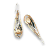 Bronze drop earrings with sterling silver and 14k gold filled wire with fresh water champagne pearl coins, iolite, and crystal gemstones