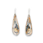 Bronze drop earrings with sterling silver and 14k gold filled wire with fresh water champagne pearl coins, iolite, and crystal gemstones