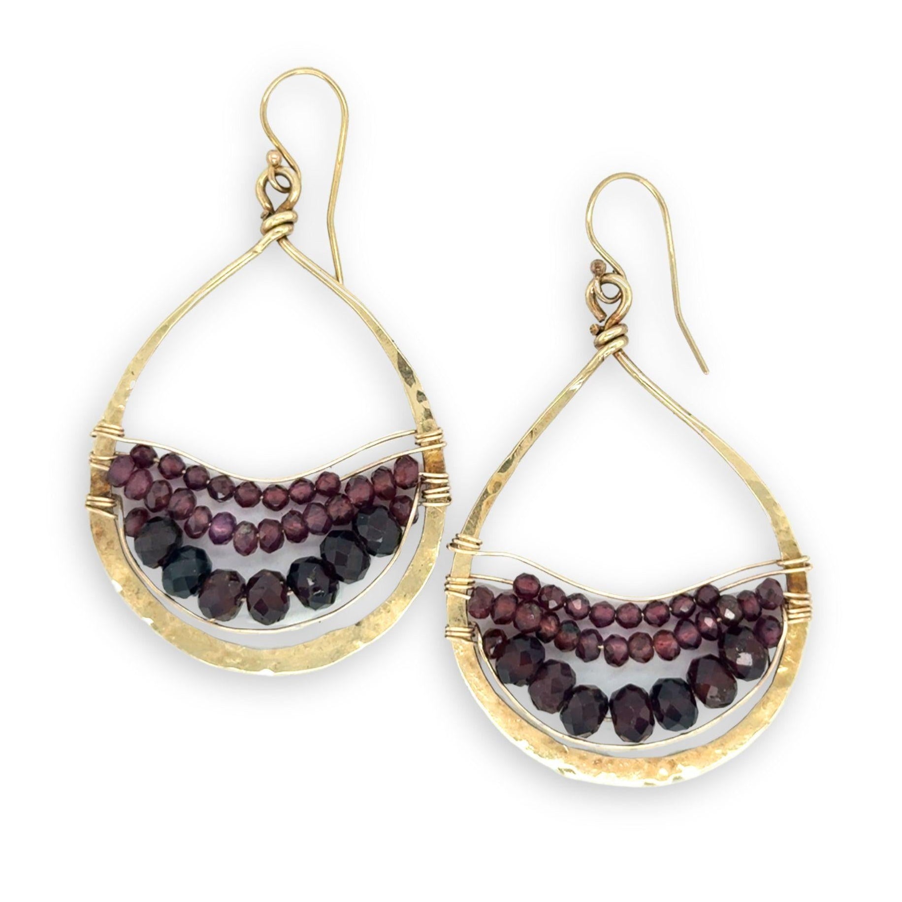 Fat hammered brass drop earrings layered with faceted garnet gemstone variety in gold filled wire