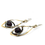 Brass marquise earrings with smooth garnet balls and pyrite gemstones on sterling silver 