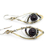 Brass marquise earrings with smooth garnet balls and pyrite gemstones on sterling silver 