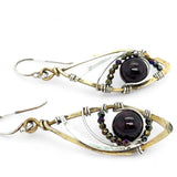 Brass marquise earrings with smooth garnet balls and pyrite gemstones on sterling silver 
