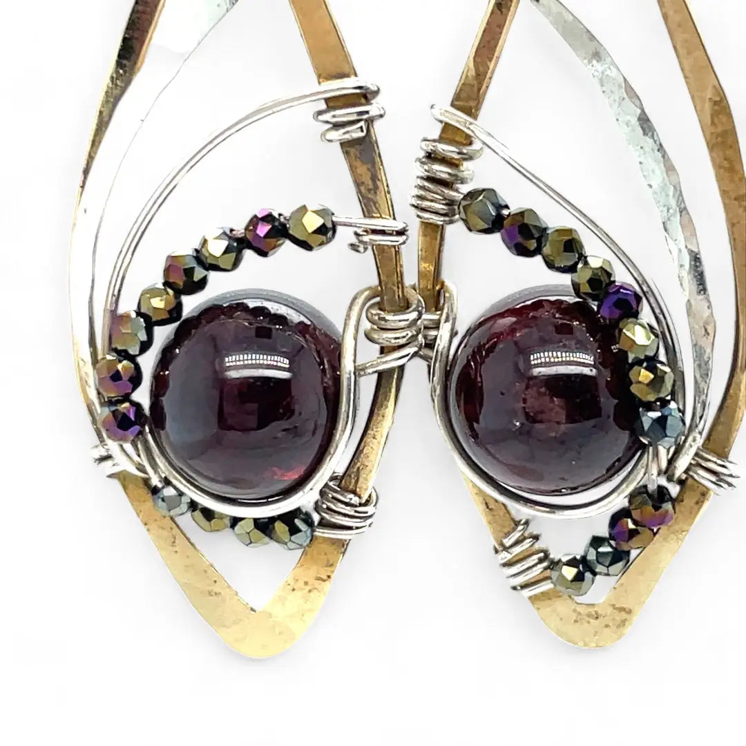 Brass marquise earrings with smooth garnet balls and pyrite gemstones on sterling silver 
