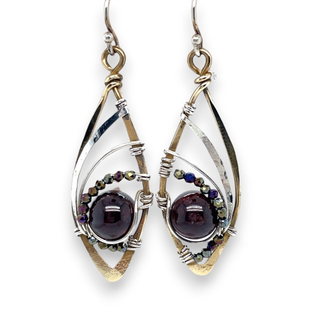 Brass marquise earrings with smooth garnet balls and pyrite gemstones on sterling silver 