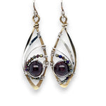 Brass marquise earrings with smooth garnet balls and pyrite gemstones on sterling silver 