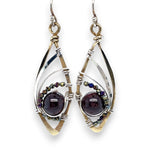 Brass marquise earrings with smooth garnet balls and pyrite gemstones on sterling silver 
