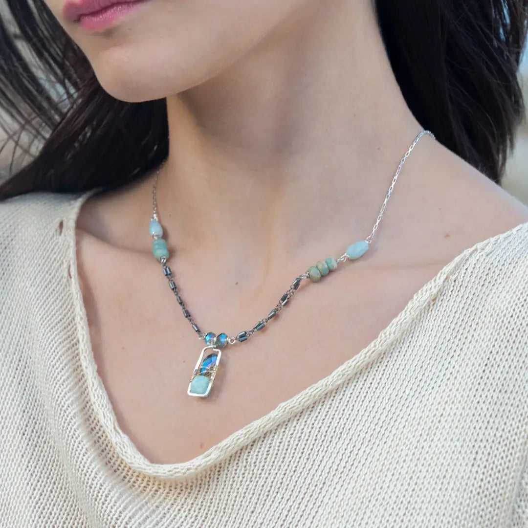 Sterling silver mini box pendant necklace with amazonite and blue crystal drop on oxidized and bright sterling silver tube chain with terra verde jasper gemstone accents