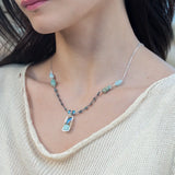 Sterling silver mini box pendant necklace with amazonite and blue crystal drop on oxidized and bright sterling silver tube chain with terra verde jasper gemstone accents