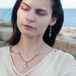 Sterling silver mini box pendant necklace with amazonite and blue crystal drop on oxidized and bright sterling silver tube chain with terra verde jasper gemstone accents