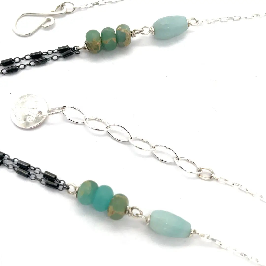 Sterling silver mini box pendant necklace with amazonite and blue crystal drop on oxidized and bright sterling silver tube chain with terra verde jasper gemstone accents