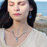 Sterling silver mini box pendant necklace with amazonite and blue crystal drop on oxidized and bright sterling silver tube chain with terra verde jasper gemstone accents