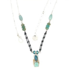 Sterling silver mini box pendant necklace with amazonite and blue crystal drop on oxidized and bright sterling silver tube chain with terra verde jasper gemstone accents