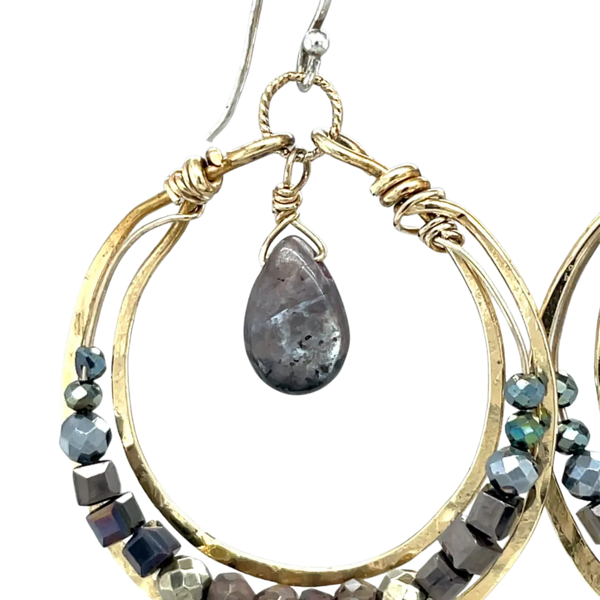 hammered brass channel hoops lined with smokey quarts, pyrite, and crystal gemstones with a smooth labradorite drop dangle