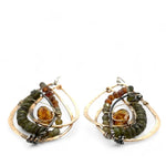 Handmade hammered bronze layered drop earrings with oxidized sterling twist wire, ombre orange to green hessonite and vesuvianite gemstones with an orange sparkling crystal accent