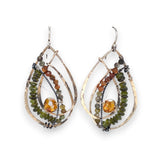 Handmade hammered bronze layered drop earrings with oxidized sterling twist wire, ombre orange to green hessonite and vesuvianite gemstones with an orange sparkling crystal accent