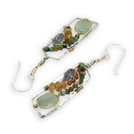 Jade, turquoise, citrine, and hessonite garnet fill the inside of a sterling silver mini parallelogram earring with gold fill chain accent