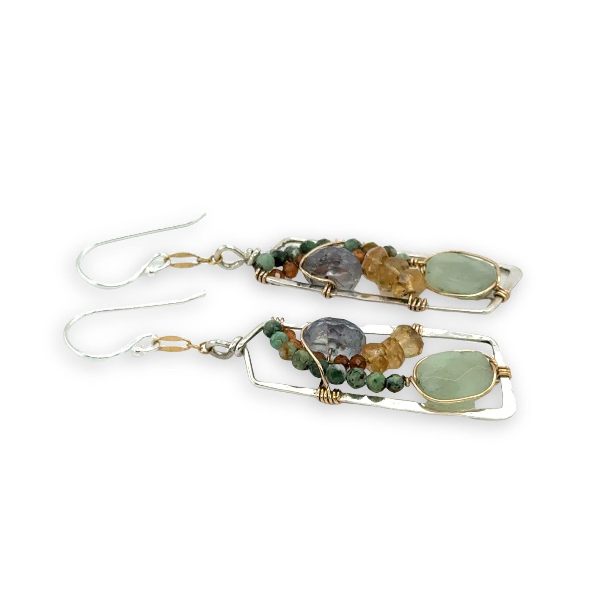 Jade, turquoise, citrine, and hessonite garnet fill the inside of a sterling silver mini parallelogram earring with gold fill chain accent