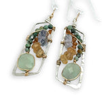 Jade, turquoise, citrine, and hessonite garnet fill the inside of a sterling silver mini parallelogram earring with gold fill chain accent