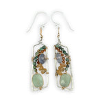 Jade, turquoise, citrine, and hessonite garnet fill the inside of a sterling silver mini parallelogram earring with gold fill chain accent