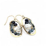 hammered mini brass oval earrings with faceted quartz coins wrapped in gold filled wire accented with aquamarine and blue goldstone gemstones
