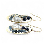 hammered mini brass oval earrings with faceted quartz coins wrapped in gold filled wire accented with aquamarine and blue goldstone gemstones
