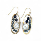 hammered mini brass oval earrings with faceted quartz coins wrapped in gold filled wire accented with aquamarine and blue goldstone gemstones