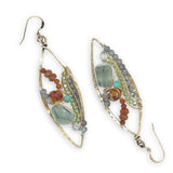 Green amethyst nuggets surrounded by labradorite, hessonite garnet, citrine, crystal, and amazonite gemstones wrapped in sterling silver and brass twist wires on a handmade hammered brass marquise earrings