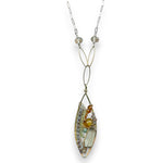 a hand formed brass marquise pendant adorned with green amethyst, labradorite, hessonite garnet, citrine, crystal and amazonite gemstone necklace