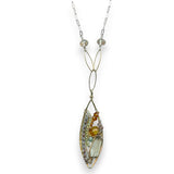 a hand formed brass marquise pendant adorned with green amethyst, labradorite, hessonite garnet, citrine, crystal and amazonite gemstone necklace