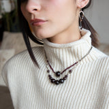 Smooth garnet sphere gemstones are suspended between handmade sterling silver hammered teardrops on sterling rolo chain necklace