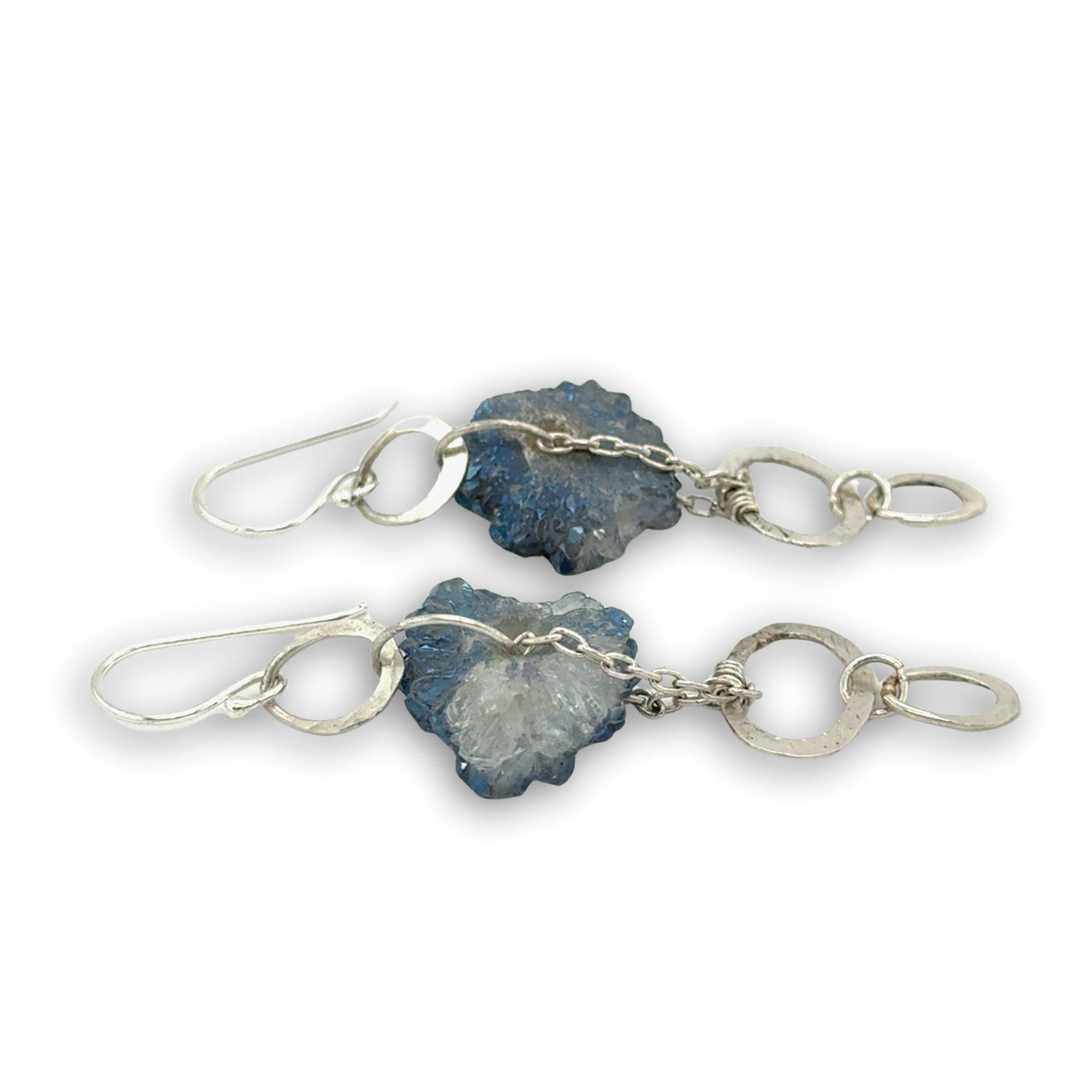 Blue raw geode slide and hammered sterling silver oval link earrings