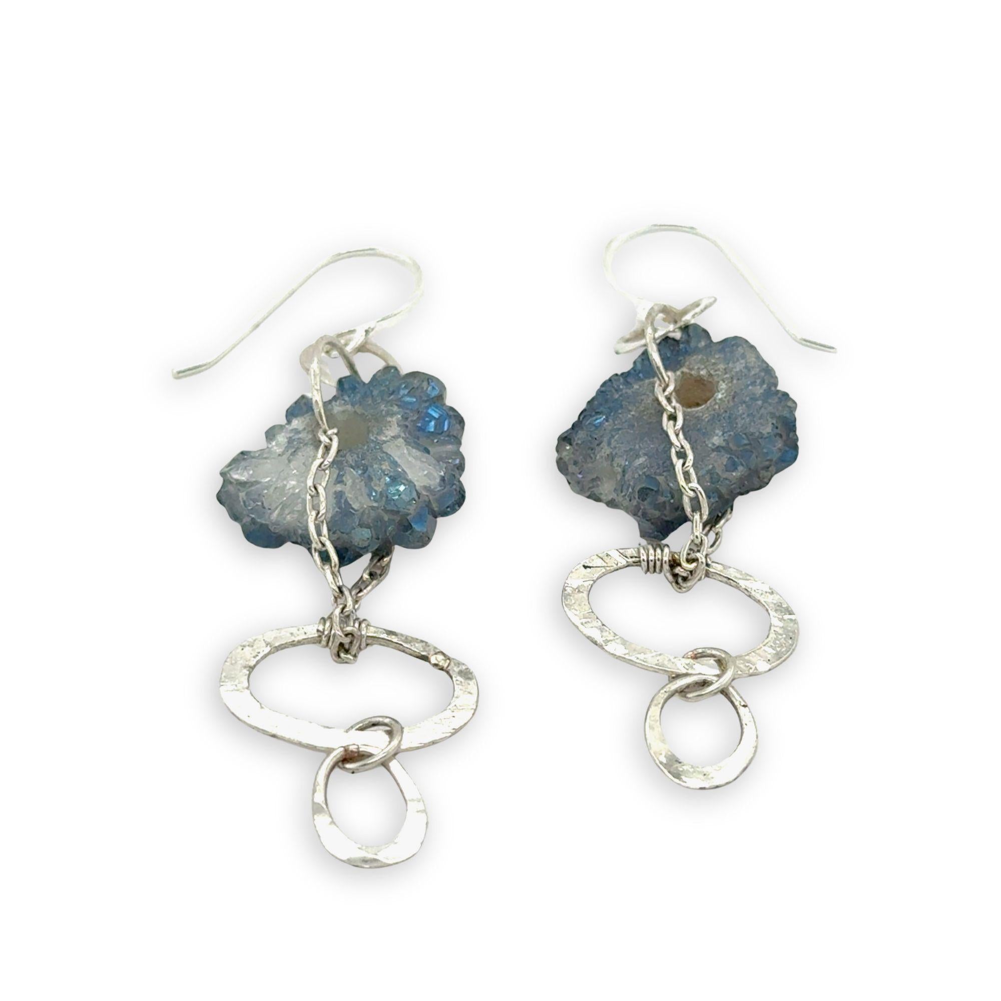 Blue raw geode slide and hammered sterling silver oval link earrings