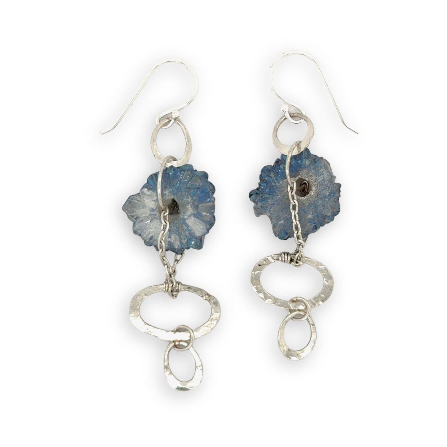 Blue raw geode slide and hammered sterling silver oval link earrings