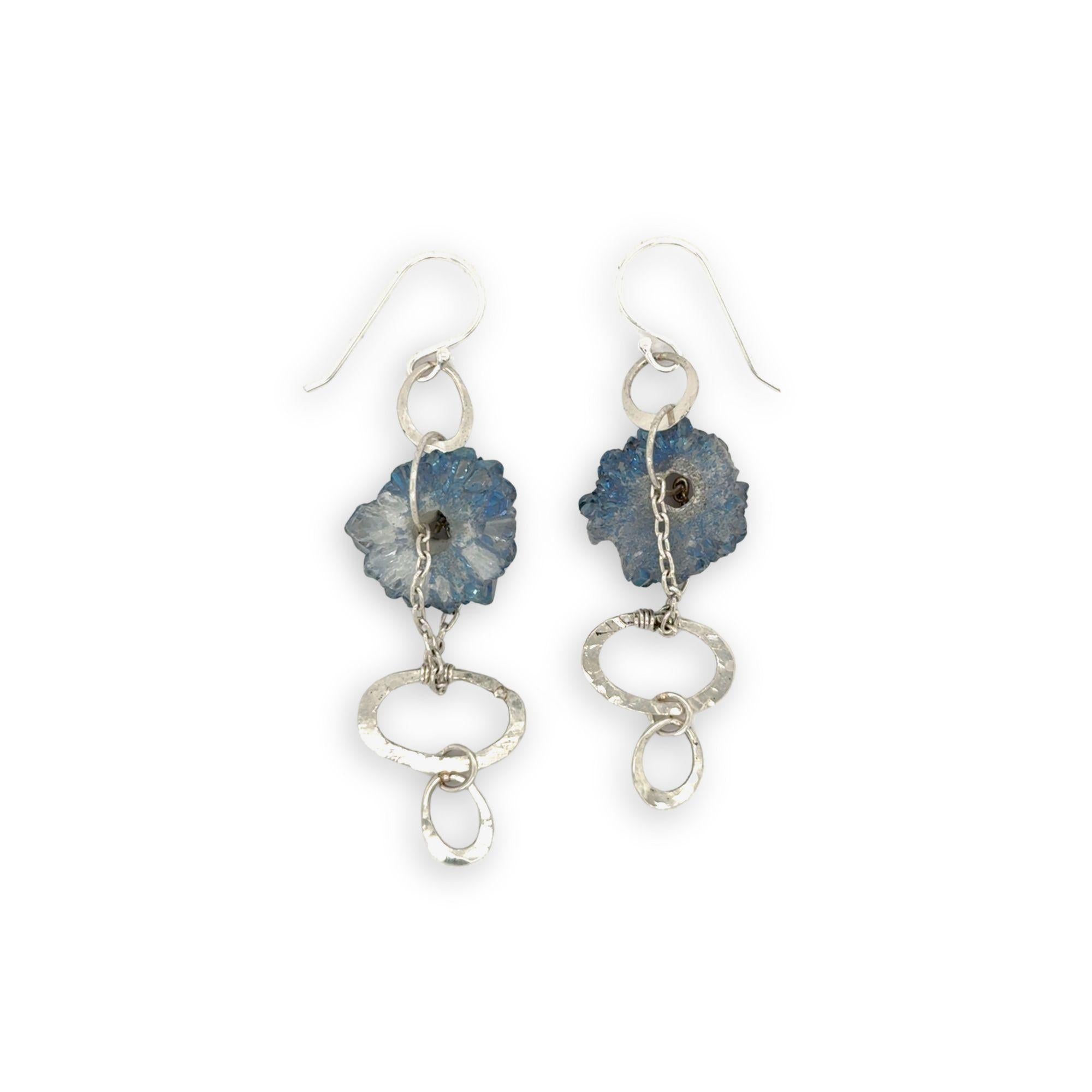 Blue raw geode slide and hammered sterling silver oval link earrings