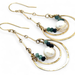 Brass channel hoop earrings lined with round fresh water pearl and blue tourmaline gemstones with gold filled bar chain on top and gold filled earring hooks