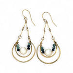 Brass channel hoop earrings lined with round fresh water pearl and blue tourmaline gemstones with gold filled bar chain on top and gold filled earring hooks