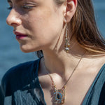 London blue quartz, pyrite, bloodstone, and blue tourmaline gemstones sit within a brass box pendant with sterling silver and gold filled wire accents on a sterling silver box chain