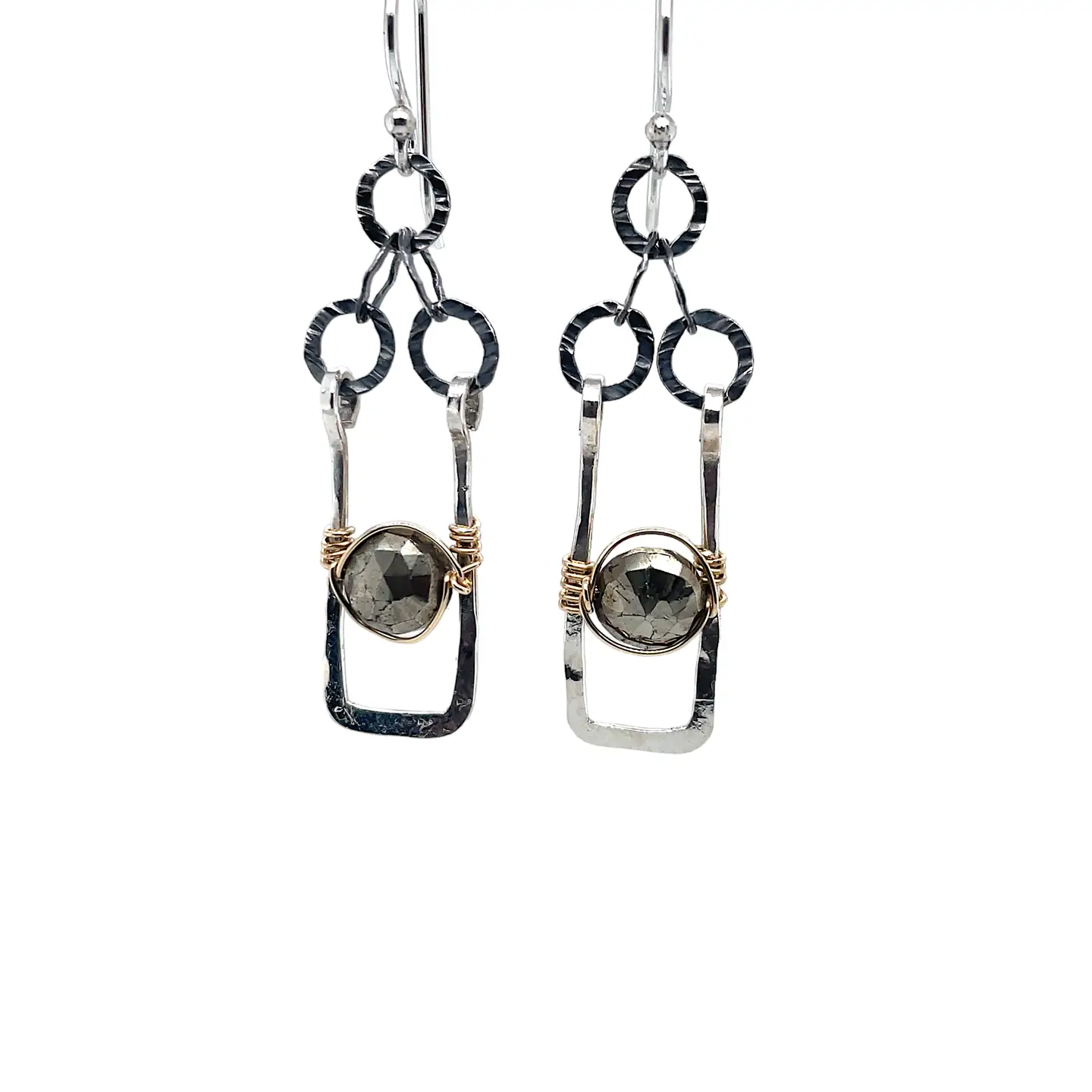 Sterling silver mini rectangle earrings holding faceted pyrite coin gemstones wrapped in gold filled wire, hanging from darkened sterling silver crinkle chain 