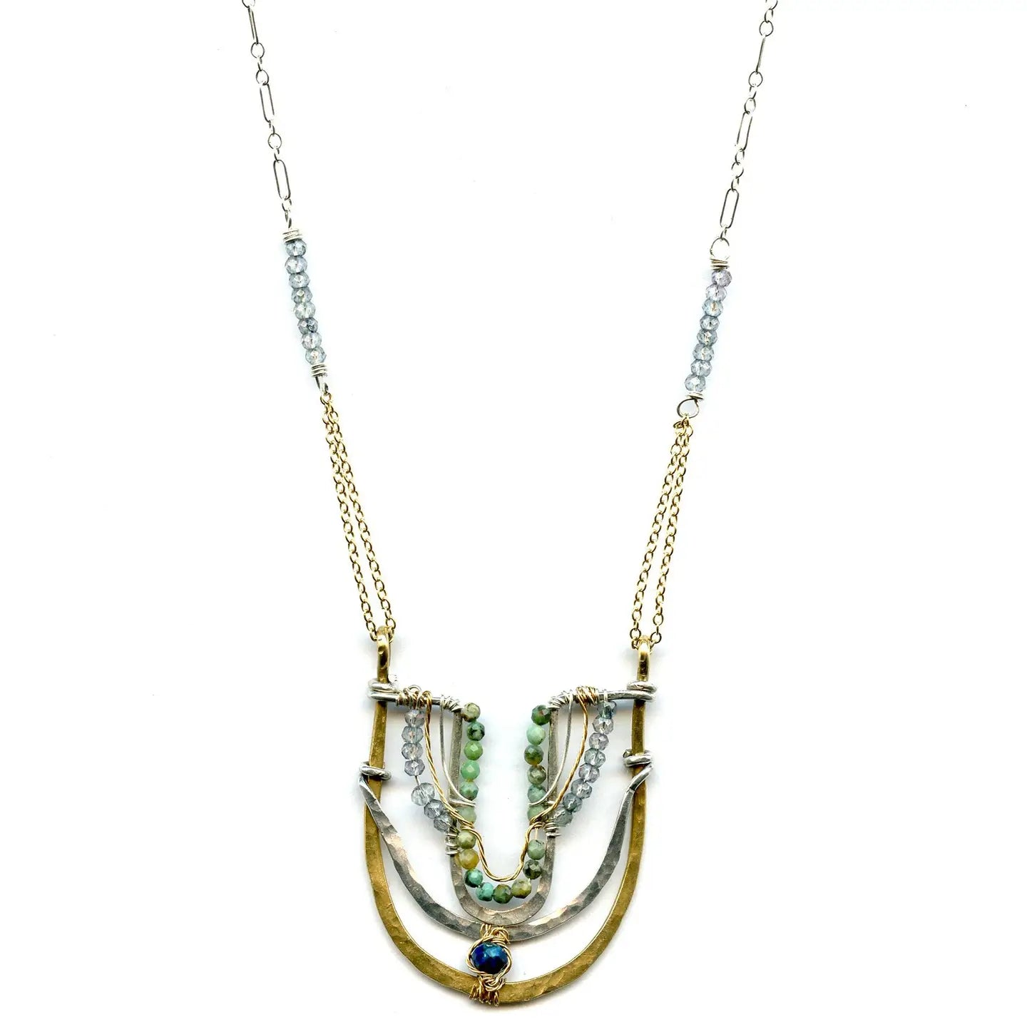 Handmade brass and sterling silver horseshoe pendant beaded with chrysocolla, turquoise, and blue quartz on a mixed sterling silver and gold filled chain