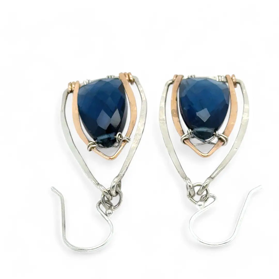 Sterling silver and bronze gothic arch earrings with london blue quartz gemstones
