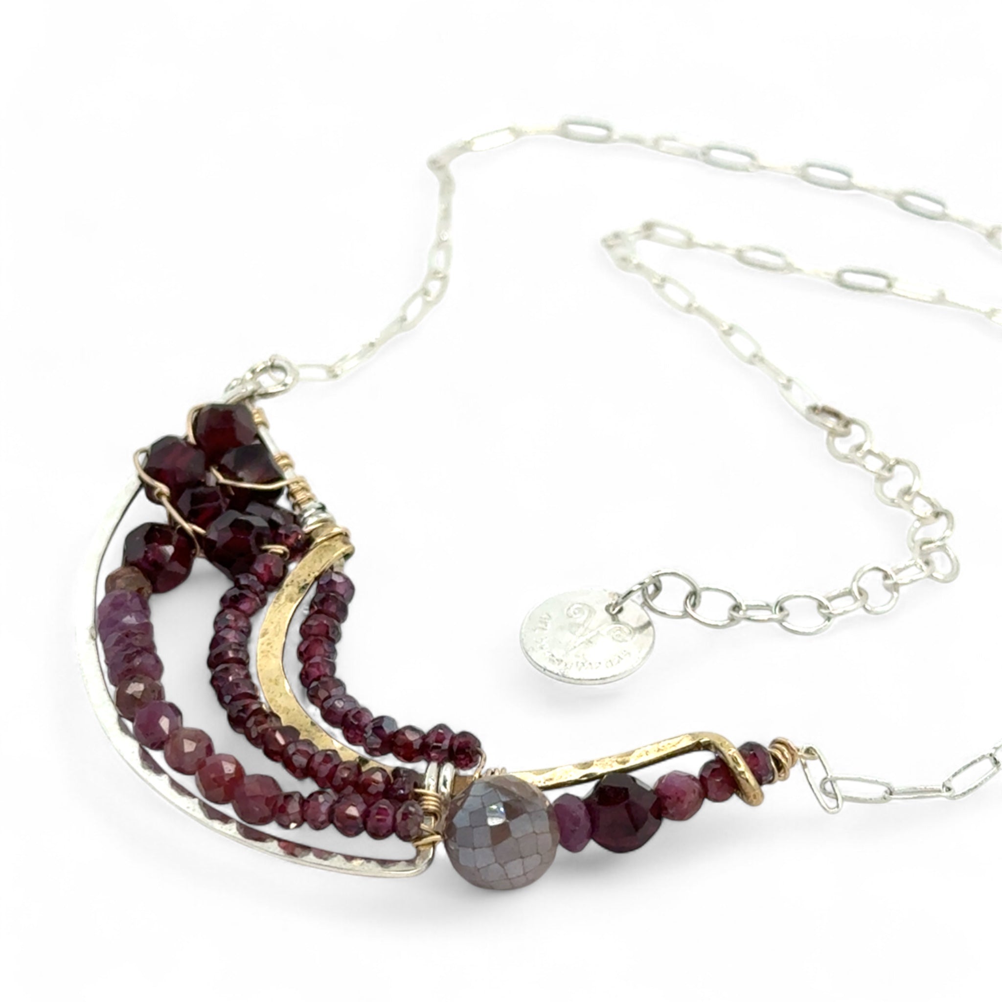 Garnet mixed variety gemstones with a mauve moonstone accent on sterling silver and brass handmade statement pendant on sterling silver oval chain
