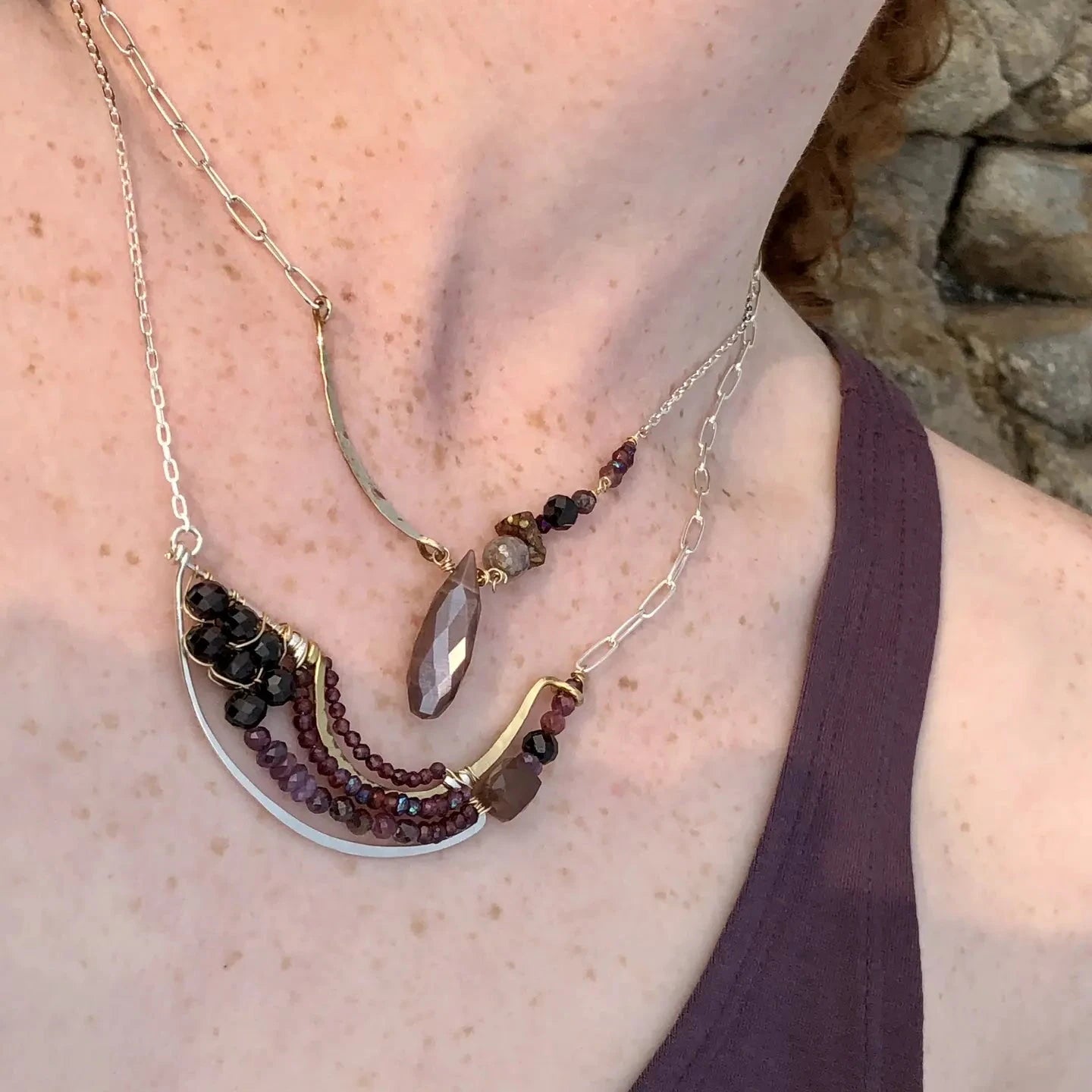 Garnet mixed variety gemstones with a mauve moonstone accent on sterling silver and brass handmade statement pendant on sterling silver oval chain