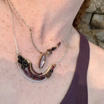 Garnet mixed variety gemstones with a mauve moonstone accent on sterling silver and brass handmade statement pendant on sterling silver oval chain