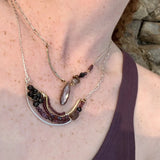 Garnet mixed variety gemstones with a mauve moonstone accent on sterling silver and brass handmade statement pendant on sterling silver oval chain