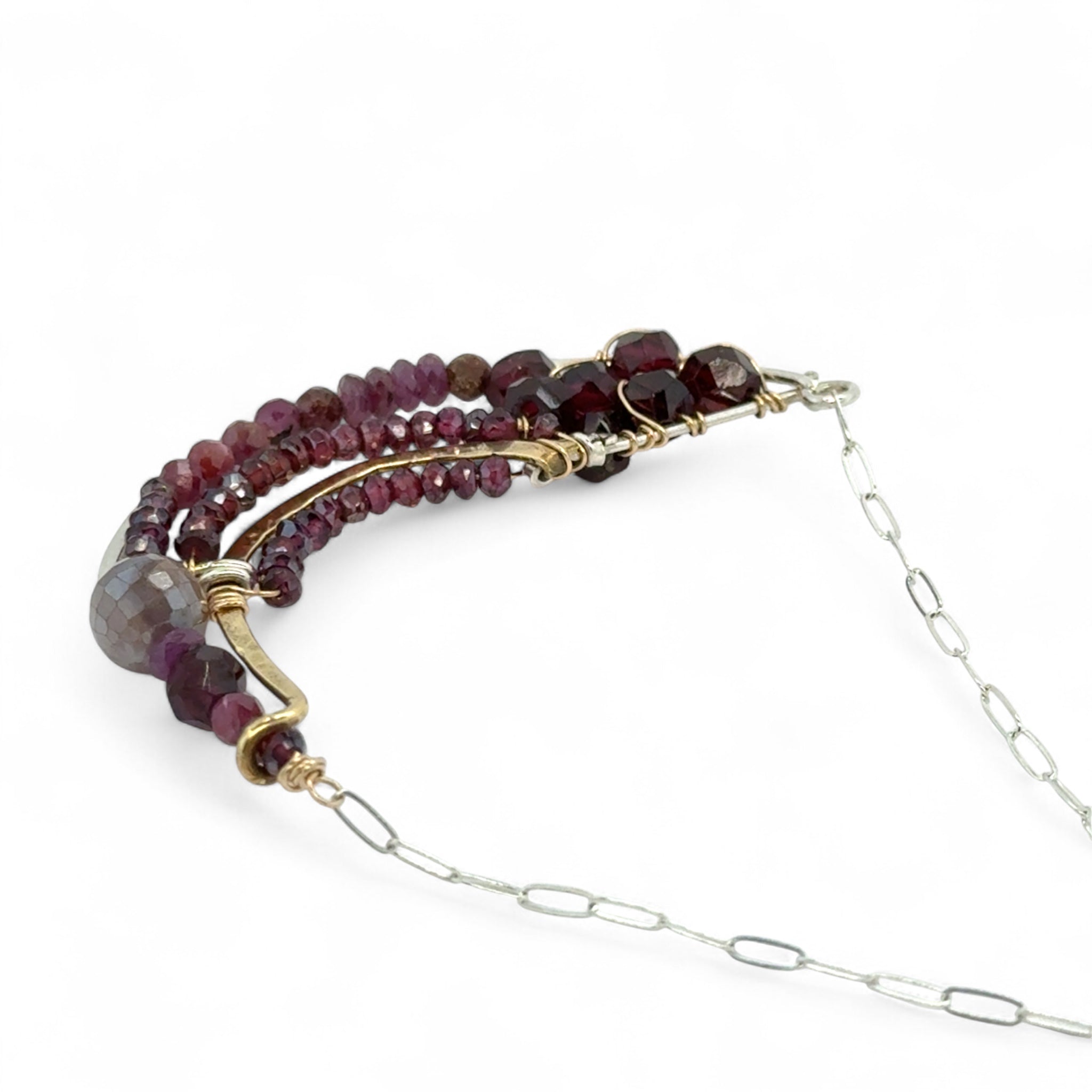 Garnet mixed variety gemstones with a mauve moonstone accent on sterling silver and brass handmade statement pendant on sterling silver oval chain