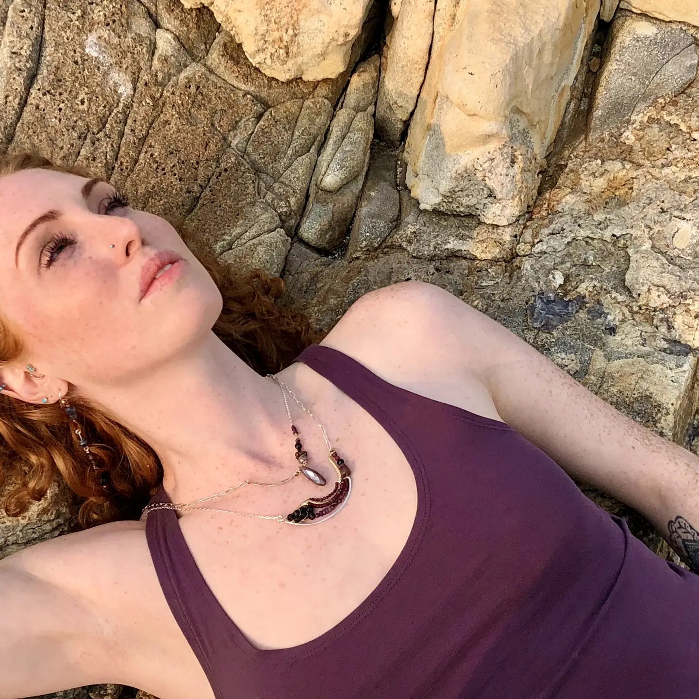 Garnet mixed variety gemstones with a mauve moonstone accent on sterling silver and brass handmade statement pendant on sterling silver oval chain