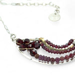 Garnet mixed variety gemstones with a mauve moonstone accent on sterling silver and brass handmade statement pendant on sterling silver oval chain